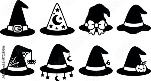 Black silhouette witch hats with stars spider and pumpkin halloween icons