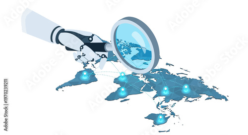 AI Robotic Hand Holding Magnifying Glass Over Global World Map with Data Connectivity Pins. Futuristic Concept for International Business Research and Global Networking.