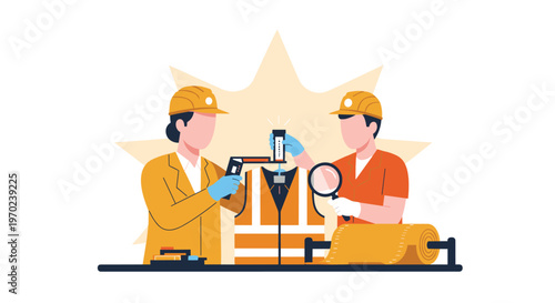 Two professional quality control inspectors meticulously examine a bright orange safety vest using specialized testing equipment against a warm starburst glow.