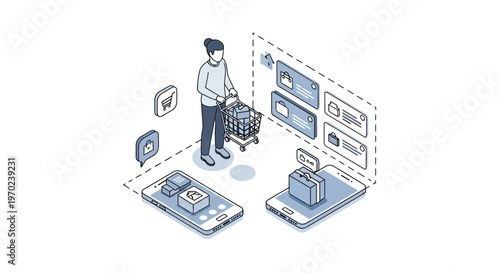 Modern E-commerce Concept: Woman Shopping Online with Mobile App Interface and Digital Storefront Isometric Illustration