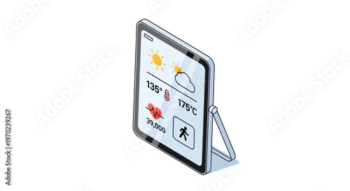 Isometric Smart Tablet Display with Health and Weather Dashboard Icons