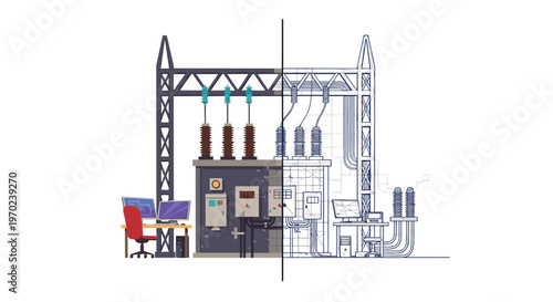 A detailed split-view illustration showcases a high-voltage electrical substation with one side rendered in realistic colors and the other in technical blue.