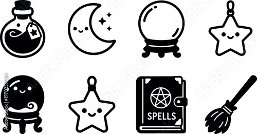 Black and white kawaii magic potion moon crystal ball star spell book and broom icons