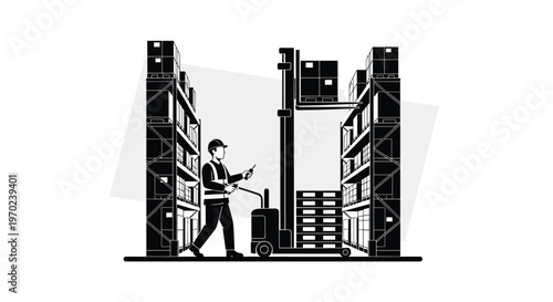 A skilled warehouse operator carefully maneuvers a heavy-duty forklift to stack cardboard boxes onto high metal storage racks in a stark monochrome setting.