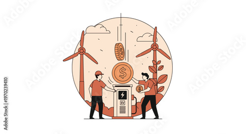 Two eco-conscious workers manage an electric vehicle charging station as large gold coins fall from the sky amidst a landscape of spinning wind turbines.