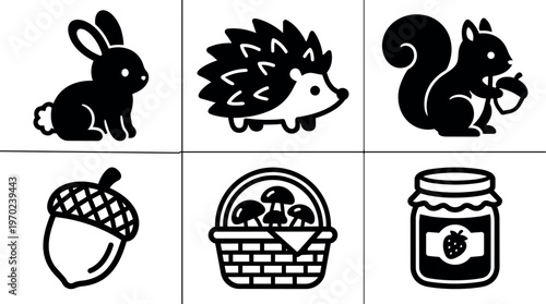 Black and white rabbit hedgehog squirrel acorn basket mushrooms and jam jar icons