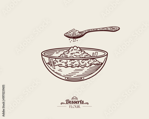 Small metal teaspoon pouring flour, powdered sugar, starch into glass bowl.  Line art Illustration, sketch style.