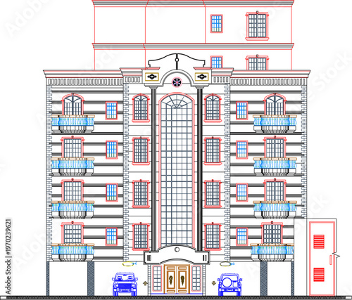 Detailed Exterior Facade Illustration of a Classic Hotel Building for Property Development Featuring Vintage Balcony Designs and Old Apartment Architecture