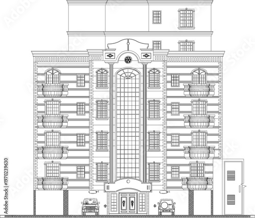 Detailed Exterior Facade Illustration of a Classic Hotel Building for Property Development Featuring Vintage Balcony Designs and Old Apartment Architecture 