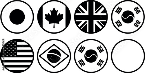 Black and white circle icons with japan canada uk south korea united states and brazil flags