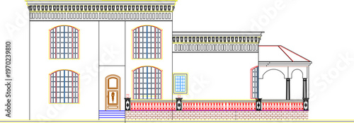 Multi-Storey Old Building Elevation Plan Including Classic Architecture Specifications for Vintage Arched Openings and Annotations
