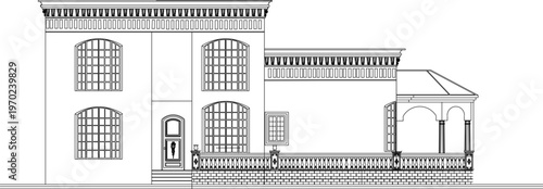 Multi-Storey Old Building Elevation Plan Including Classic Architecture Specifications for Vintage Arched Openings and Annotations