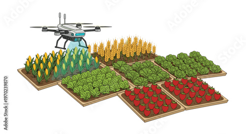 An illustration shows a grey drone spraying a blue mist over a staggered arrangement of six distinct agricultural crop fields.
