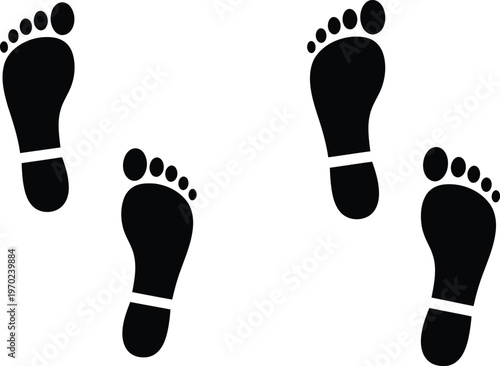 Four black footprints on a white background with dotted toes and white soles.