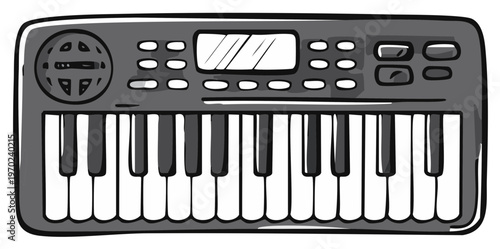 Stylized Hand-Drawn Musical Keyboard with Black and White Keys and Control Buttons