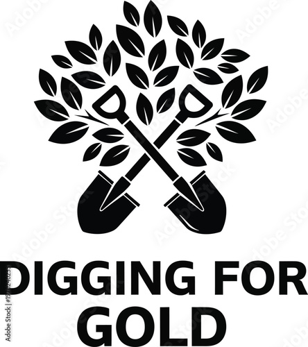 Two shovels crossed beneath a tree symbolizing the quest for gold