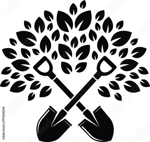 Growth and development symbolized by shovels forming a tree with lush foliage
