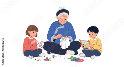 An elderly woman embroiders a garment while a girl embroiders a hoop and a boy weaves on a loom.