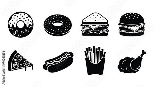 A collection of fast food items including donuts burgers pizza hotdogs and fried chicken in silhouette high quality professional detailed modern