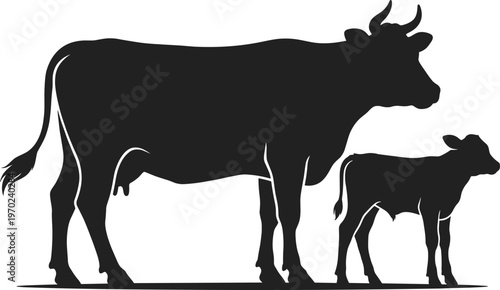 Black silhouette of a mother cow with her young calf standing together, farm animal livestock illustration isolated on white background.v