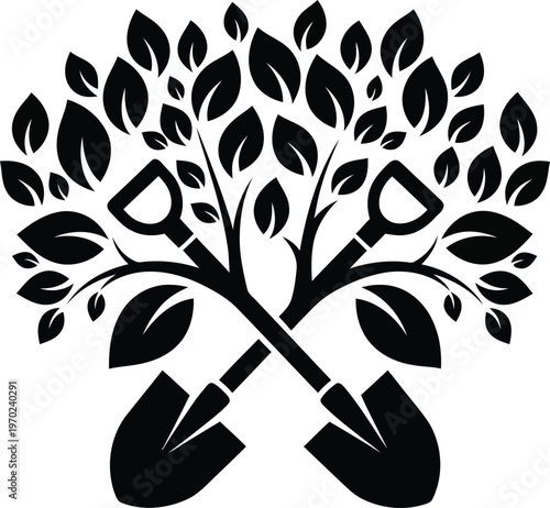 A stylized black and white tree with intertwined roots forming a cross shape.