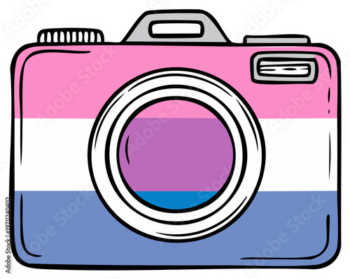 Cartoon camera with transgender and bisexual pride flag colors and lens illustration