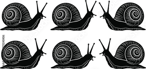 Black snail silhouette collection with six detailed garden snails featuring spiral shells and antennae isolated on white background vector illustration