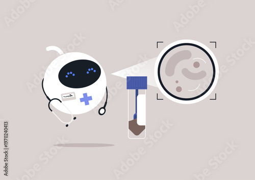 A friendly robot engages in medical screening, carefully examining a test sample, High-tech tools enhance its abilities, promoting better healthcare experiences for patients.