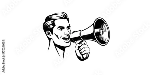 Man using a megaphone to amplify his voice and address an audience Vector