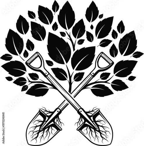 Symbolic illustration of gardening tools forming a tree shape