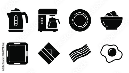 A collection of black kitchen items including a kettle coffee maker plate and breakfast foods silhouette high quality professional detailed modern