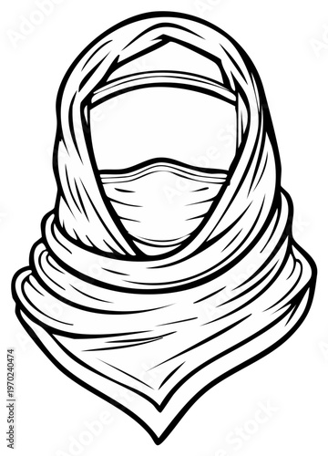 Black and white cartoon headwear illustration of a traditional veil for cultural themes.