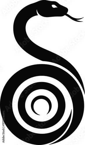 Black snake silhouette curled in a circular spiral shape with flickering tongue, abstract serpent logo design isolated on white background.