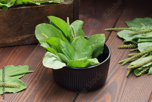 Plantain leaves with fresh flowers in black bowl on wooden table, closeup, copy space, green medicine, diet food and drink, floral tea for lung and repiratory health concept