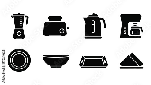 A collection of black kitchen appliances and dishware presented in a simple modern silhouette high quality professional detailed elegant stylish clean
