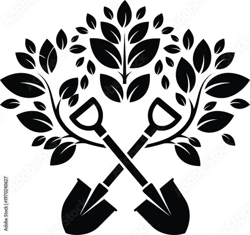 Scissors and leaves forming a creative botanical design with crossed blades at the base