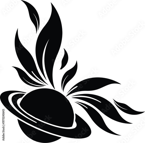 Black and white illustration of a stylized flame atop a spherical base with abstract design