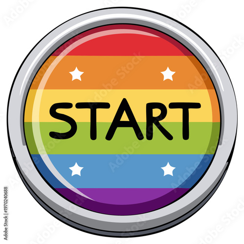 Rainbow colored start button with white stars and the word start on a gray metal rim