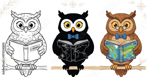Cute cartoon owl reading a book on a branch, set of three owl illustrations including line art, black silhouette, and color, education and learning concept