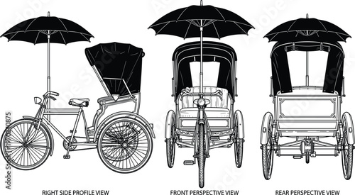 Detailed vintage rickshaw bicycle with umbrella shown in side front rear views isolated black white technical illustration transport design concept