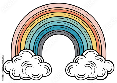 Colorful Rainbow Arch over Clouds: Decorative Clipart Illustration in Cartoon Style with Pastel Palette for Creative Designs