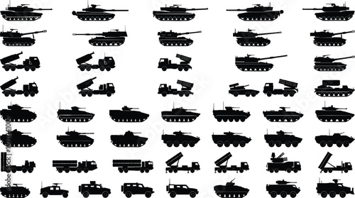 Large collection of military vehicle silhouettes including tanks, armored trucks, missile launchers, artillery, and combat transport for army warfare design, assets.