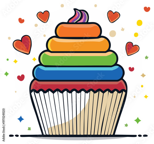 A festive cupcake with rainbow frosting and hearts celebrating love and pride vector illustration