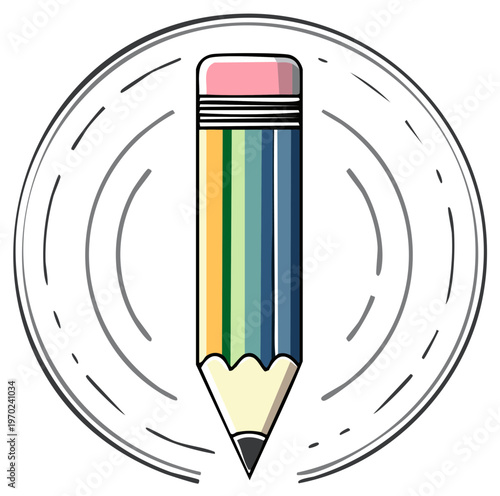 Colorful pencil graphic with eraser, surrounded by a decorative design element.