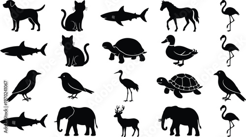 Large set of animal silhouettes including dog cat shark horse flamingo turtle duck bird elephant deer isolated on white background