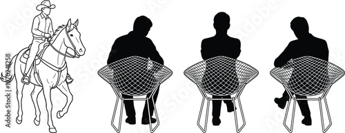 Minimalist illustration cowboy riding horse beside three seated silhouettes on modern chairs representing contrast lifestyle identity concept black white design