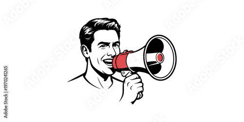 Person speaking loudly into a megaphone with animated sound waves Vector