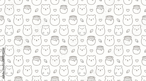 Adorable minimalist line art bear and honey pot seamless pattern illustration. Cute cartoon animal and sweet food background design, ideal for children's decor and digital projects