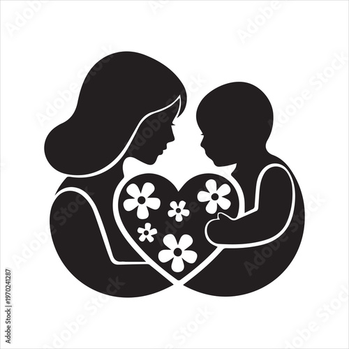 Abstract mother and infant silhouette holding heart and flowers modern maternal love vector