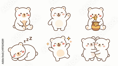 Adorable cartoon polar bears in various playful poses, perfect for adding a touch of cuteness to your designs